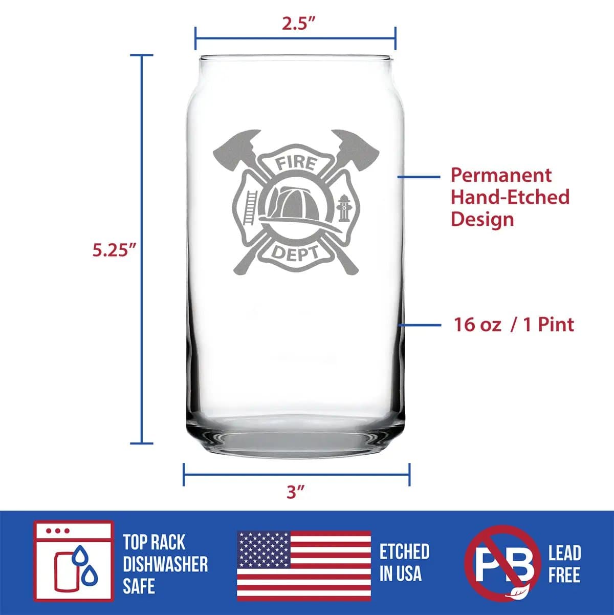 Etched Beer Can Pint Glass | 16 oz | Dishwasher Safe | Firefighter Symbol Engraved