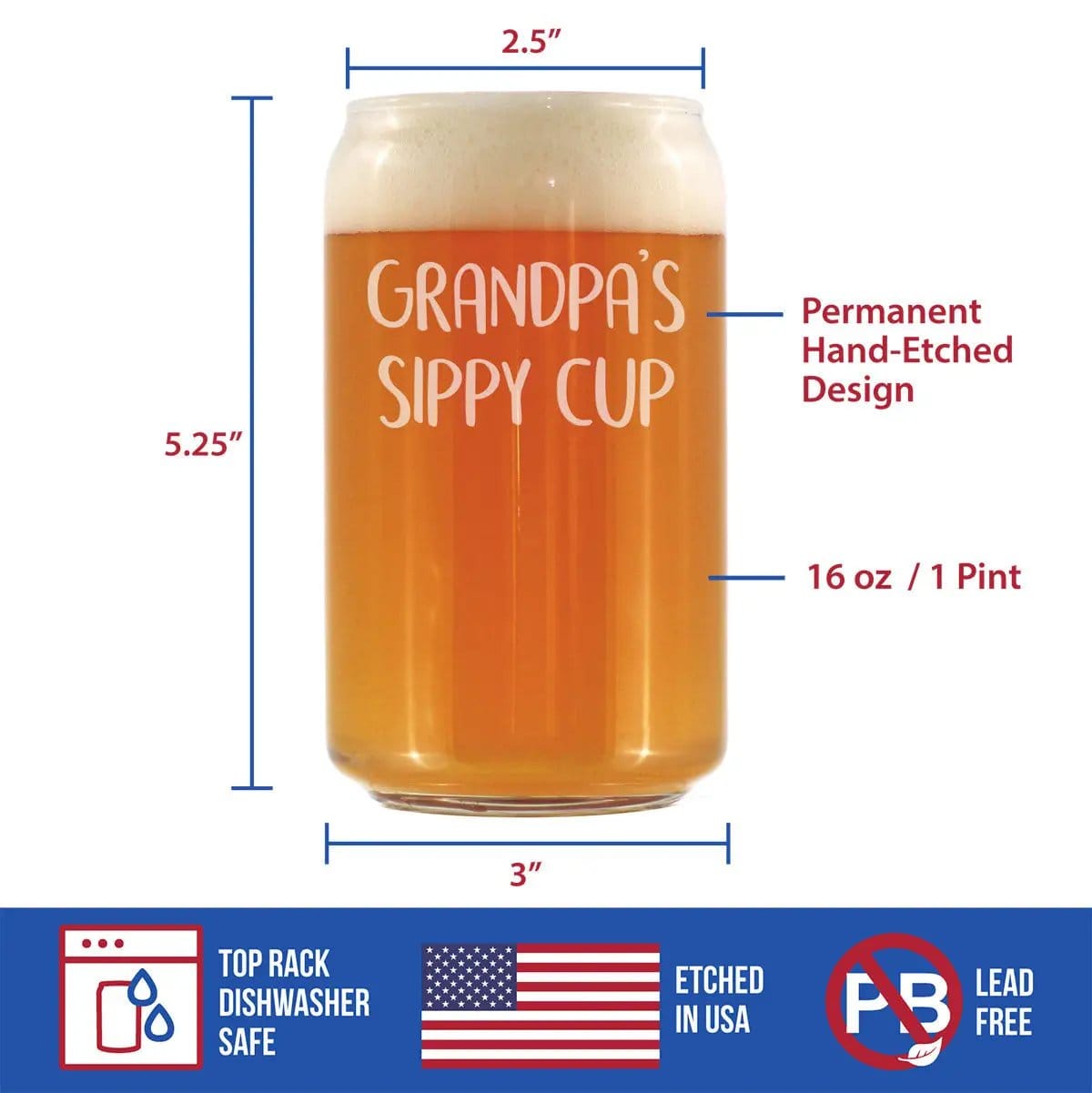 Etched Beer Can Pint Glass | 16 oz | Dishwasher Safe | Grandpa's Sippy Cup
