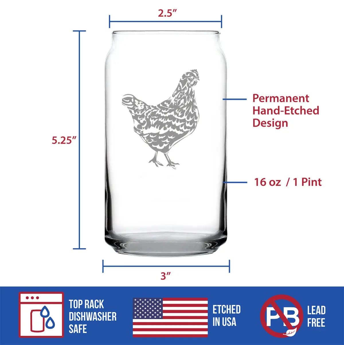 Etched Beer Can Pint Glass | 16 oz | Dishwasher Safe | Hen