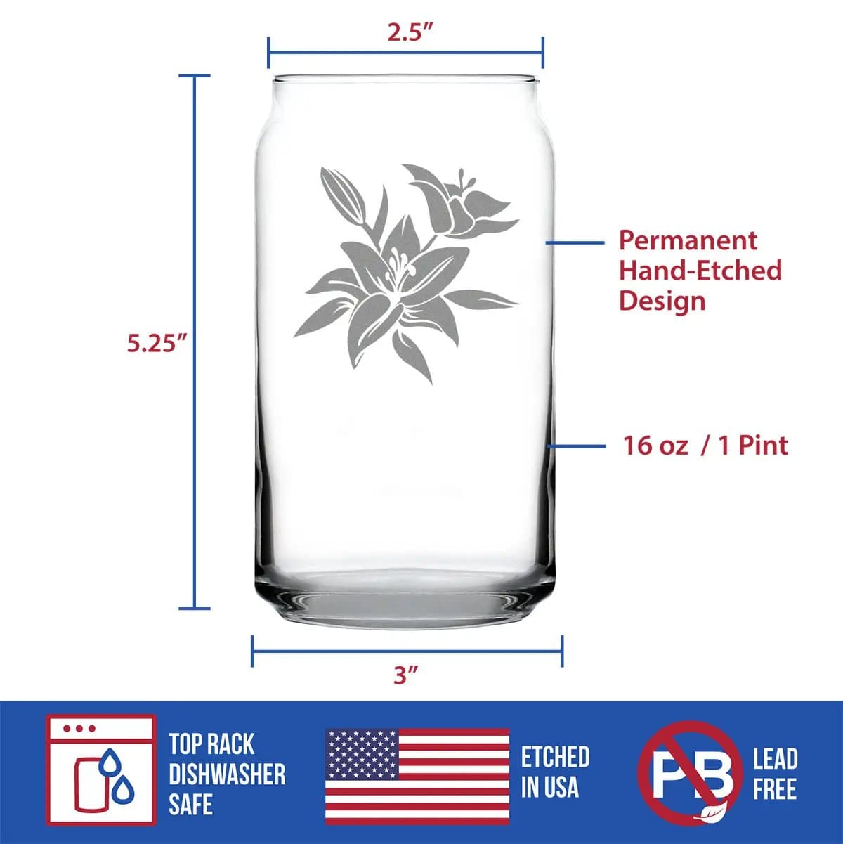Etched Beer Can Pint Glass | 16 oz | Dishwasher Safe | Lily