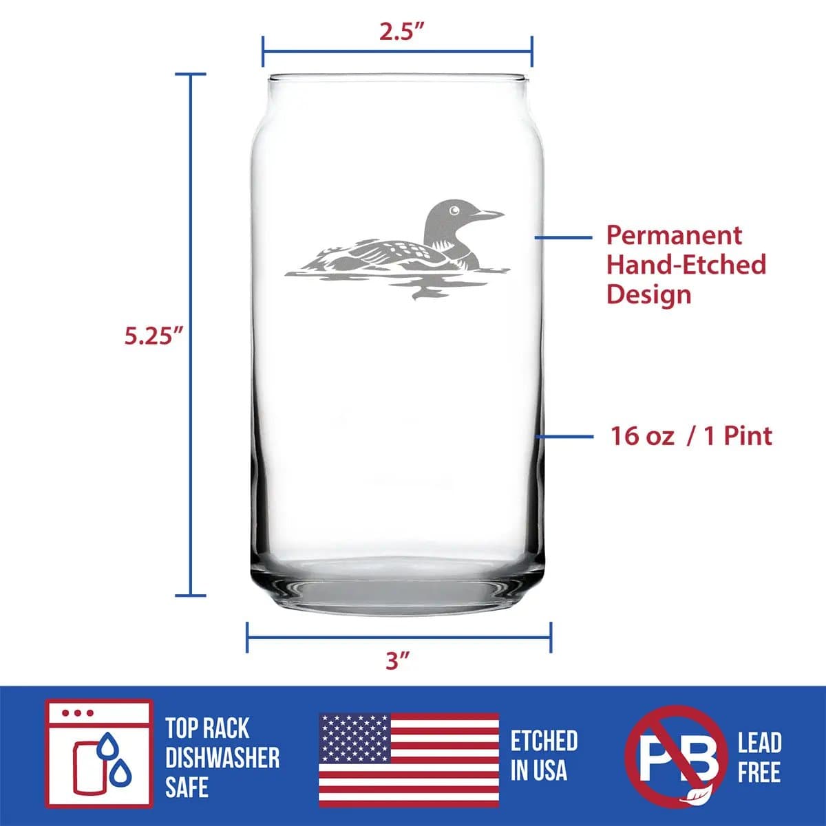 Etched Beer Can Pint Glass | 16 oz | Dishwasher Safe | Loon