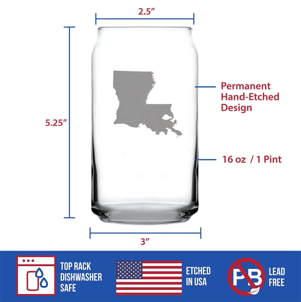 Etched Beer Can Pint Glass | 16 oz | Dishwasher Safe | Louisiana State Outline