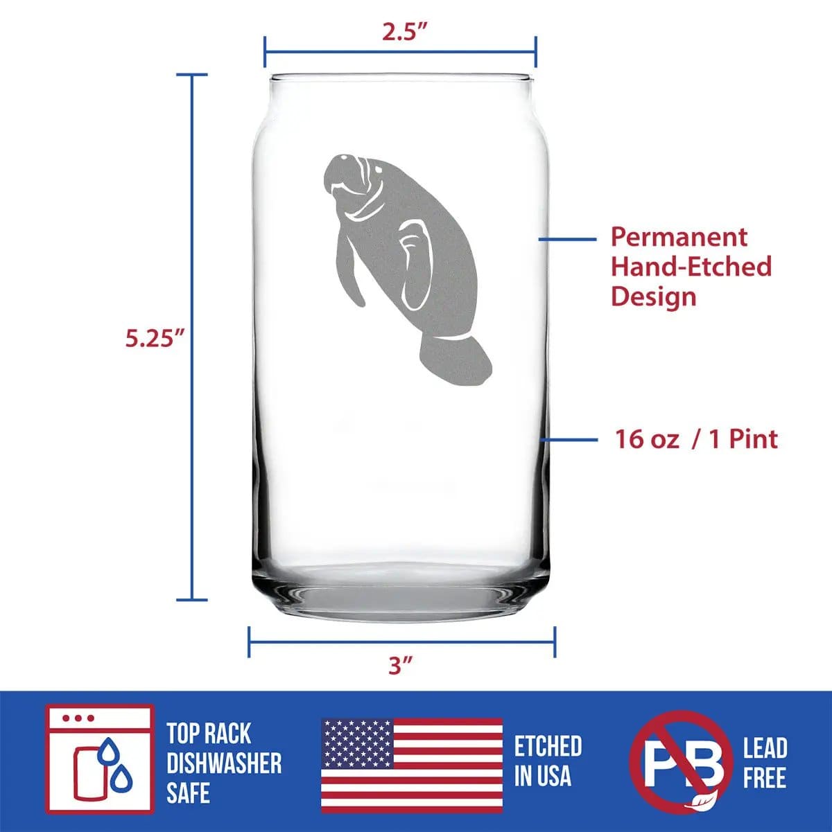 Etched Beer Can Pint Glass | 16 oz | Dishwasher Safe | Manatee