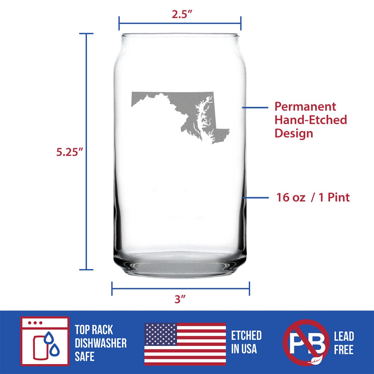 Etched Beer Can Pint Glass | 16 oz | Dishwasher Safe | Maryland State Outline