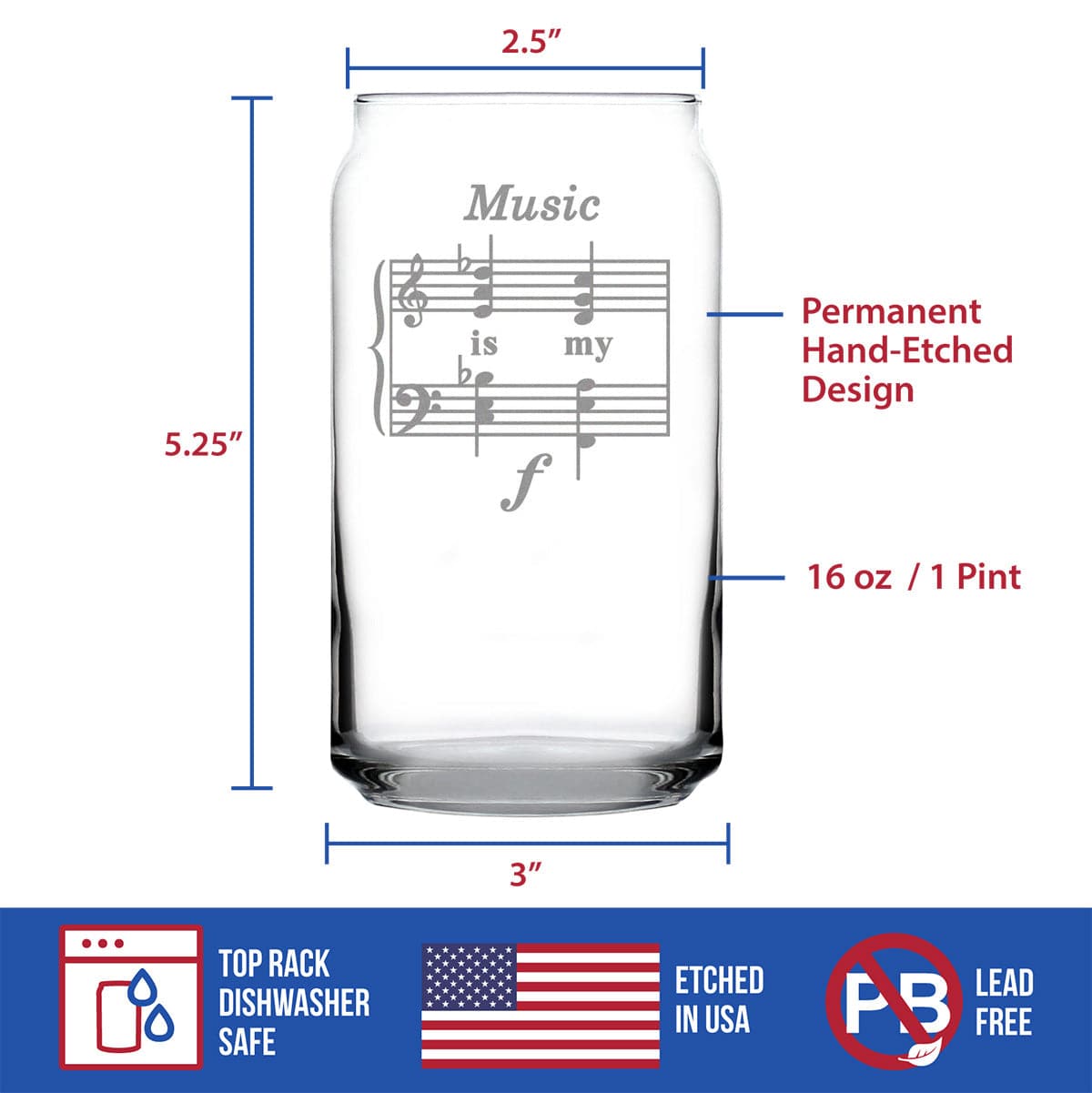 Etched Beer Can Pint Glass | 16 oz | Dishwasher Safe | Music Is My Forte