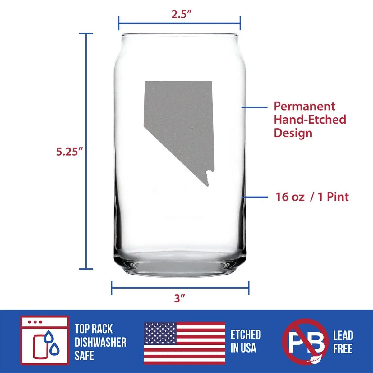 Etched Beer Can Pint Glass | 16 oz | Dishwasher Safe | Nevada State Outline