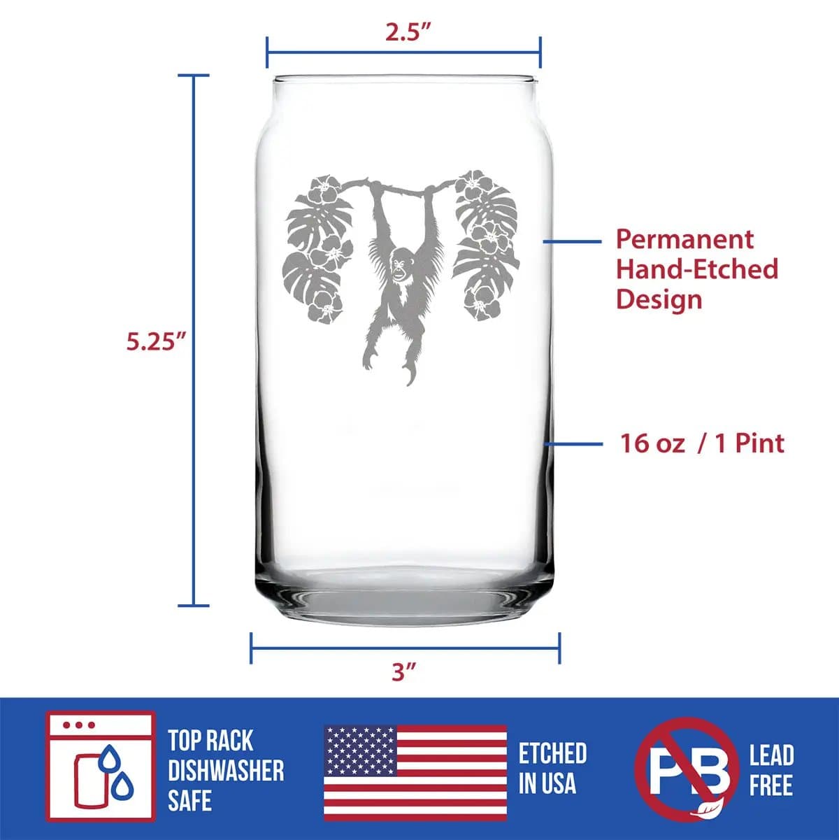 Etched Beer Can Pint Glass | 16 oz | Dishwasher Safe | Orangutan
