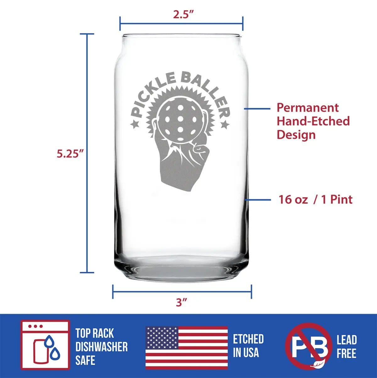 Etched Beer Can Pint Glass | 16 oz | Dishwasher Safe | Pickleballer
