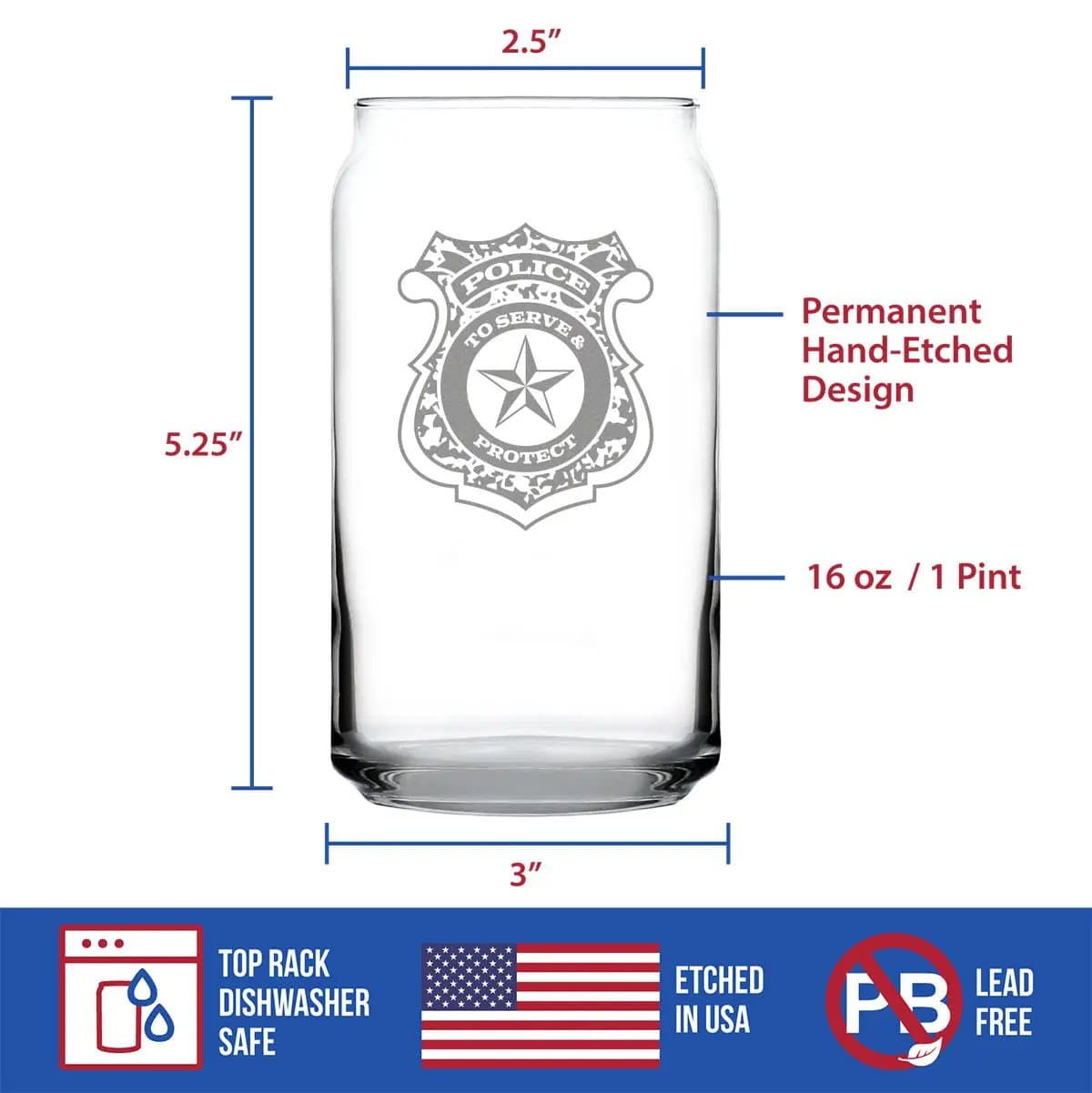 Etched Beer Can Pint Glass | 16 oz | Dishwasher Safe | Police Badge Engraved