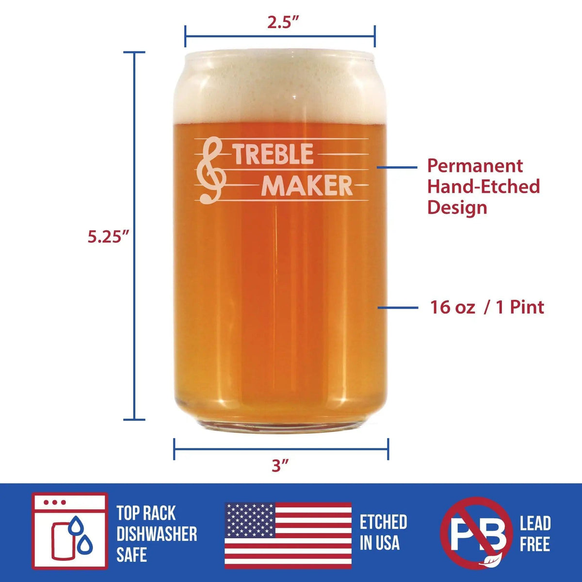 Etched Beer Can Pint Glass | 16 oz | Dishwasher Safe | Treble Maker