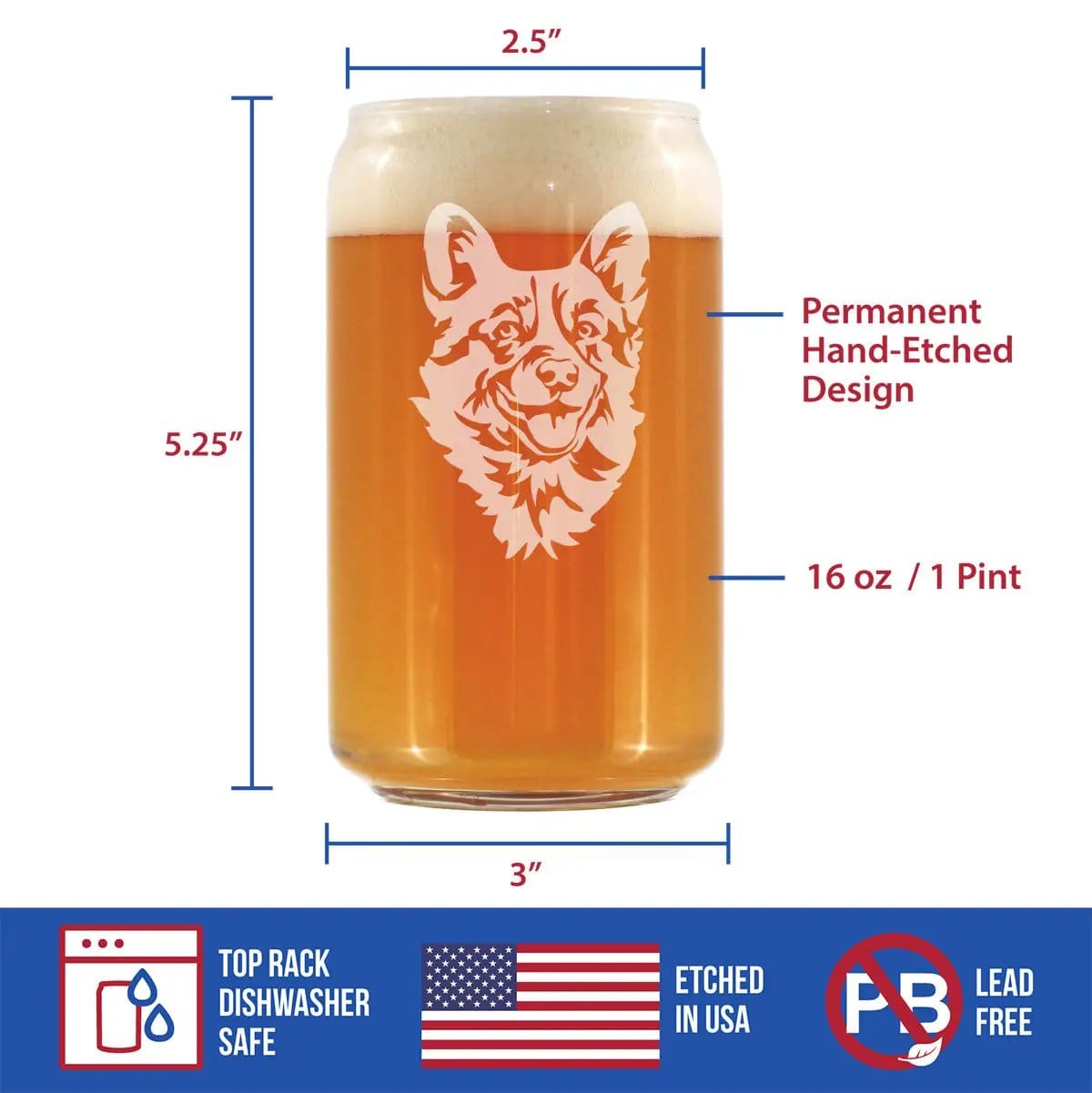 Etched Beer Can Pint Glass | 16 oz | Dishwasher Safe | Corgi Face