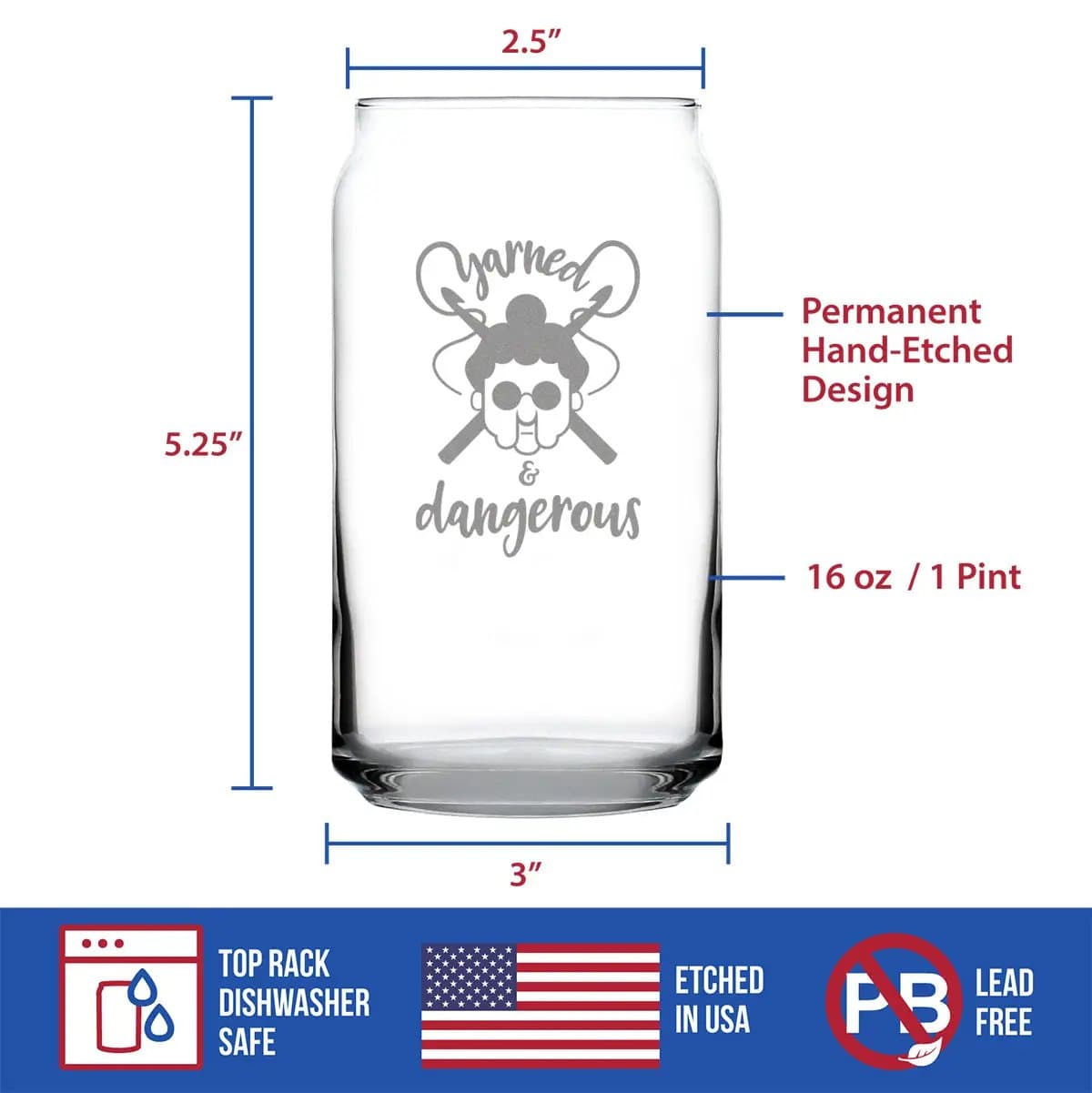 Etched Beer Can Pint Glass | 16 oz | Dishwasher Safe | Yarned & Dangerous
