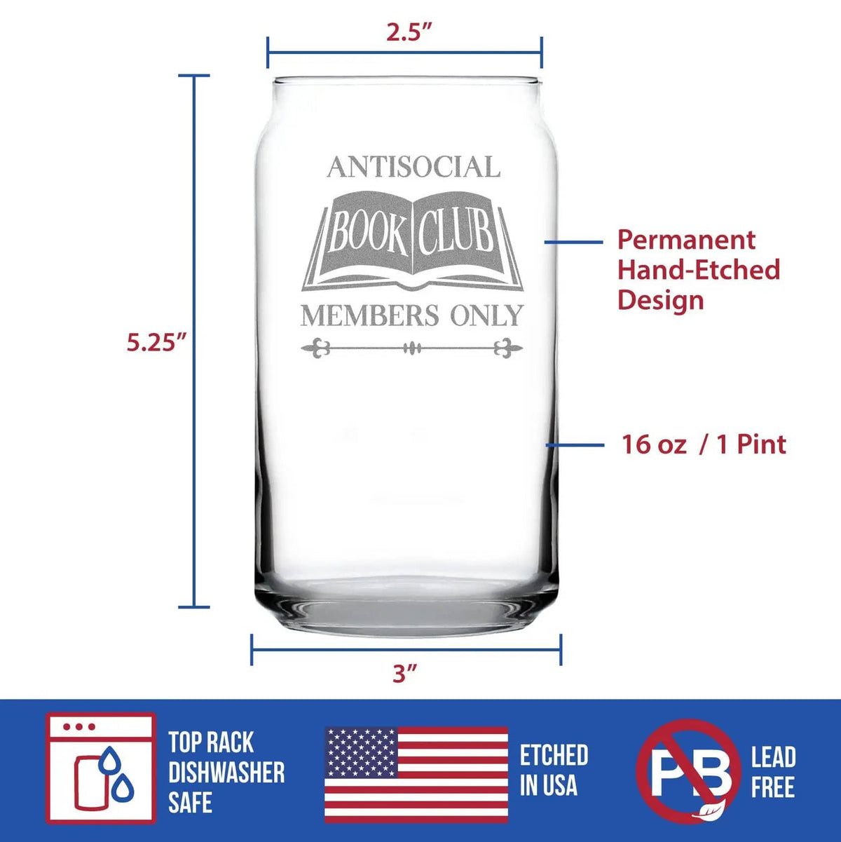 Etched Beer Can Pint Glass | 16 oz | Dishwasher Safe | Antisocial Book Club Engraved