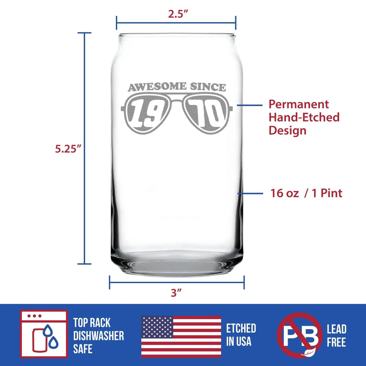 Etched Beer Can Pint Glass | 16 oz | Dishwasher Safe | Awesome Since 1970 Engraved