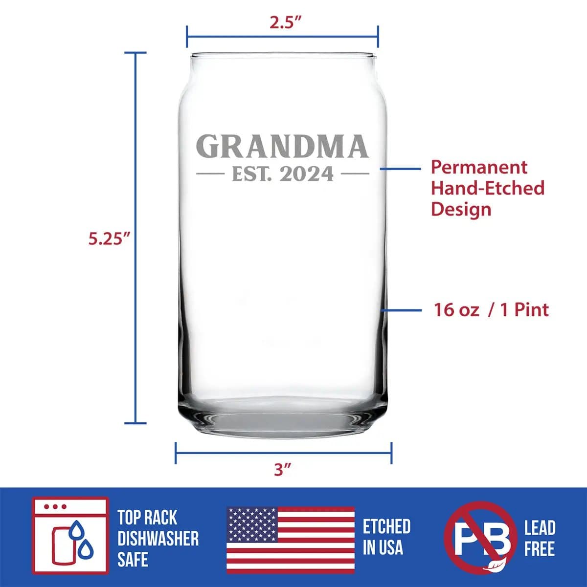 Etched Beer Can Pint Glass | 16 oz | Dishwasher Safe | Grandma Est 2024 - New Grandmother