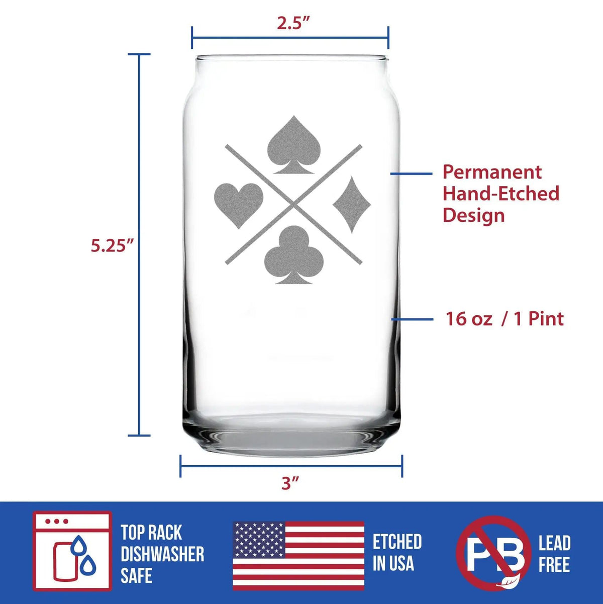 Etched Beer Can Pint Glass | 16 oz | Dishwasher Safe | Card Suits Engraved