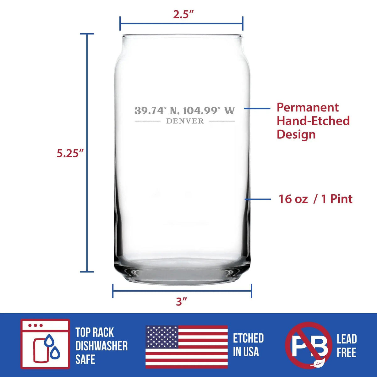 Beer Can Pint Glass | Etched Colorado Design | Dishwasher Safe | 16 Oz