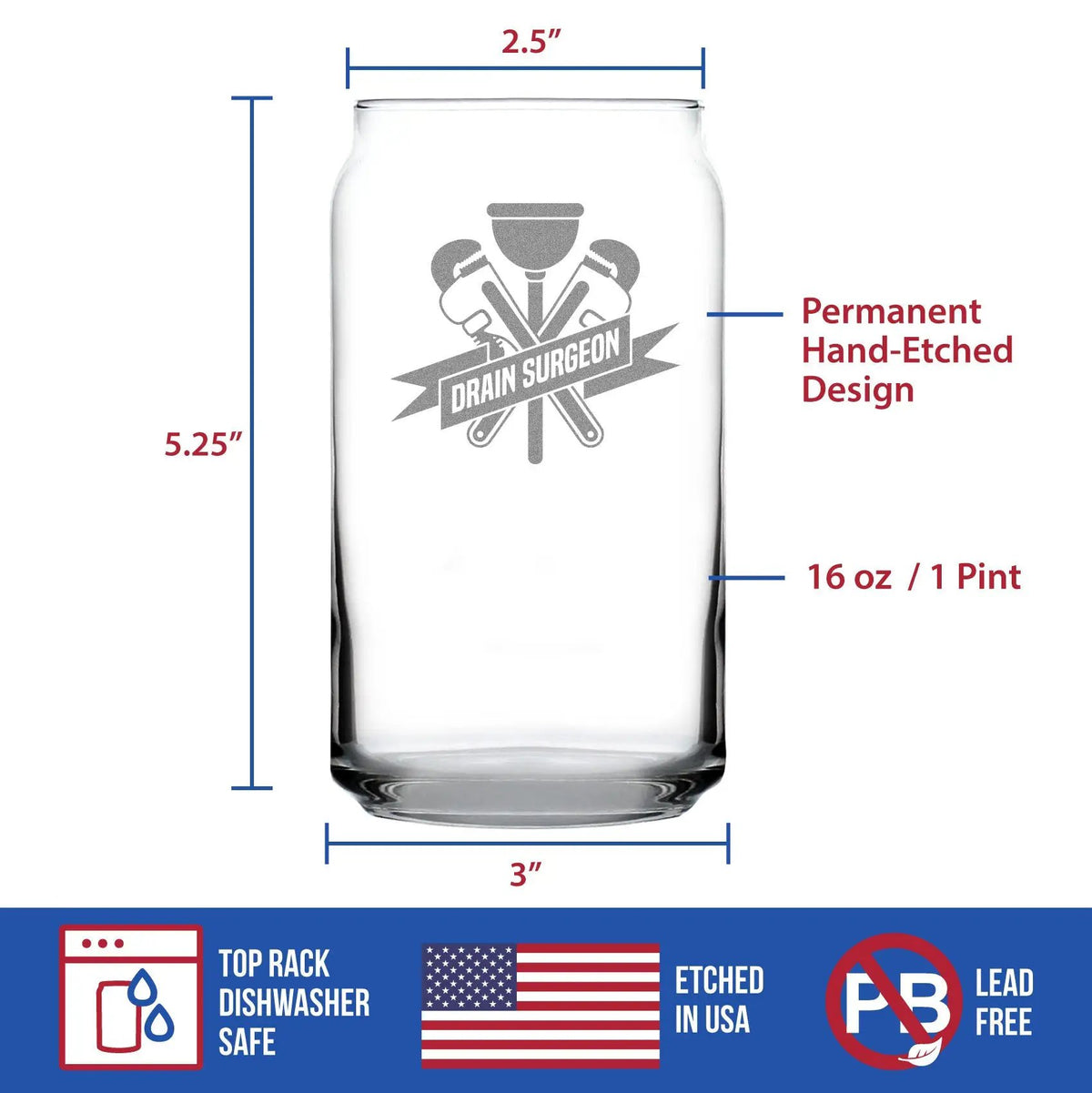 Beer Can Pint Glass | Hand Etched Drain Surgeon Text | 16 Oz