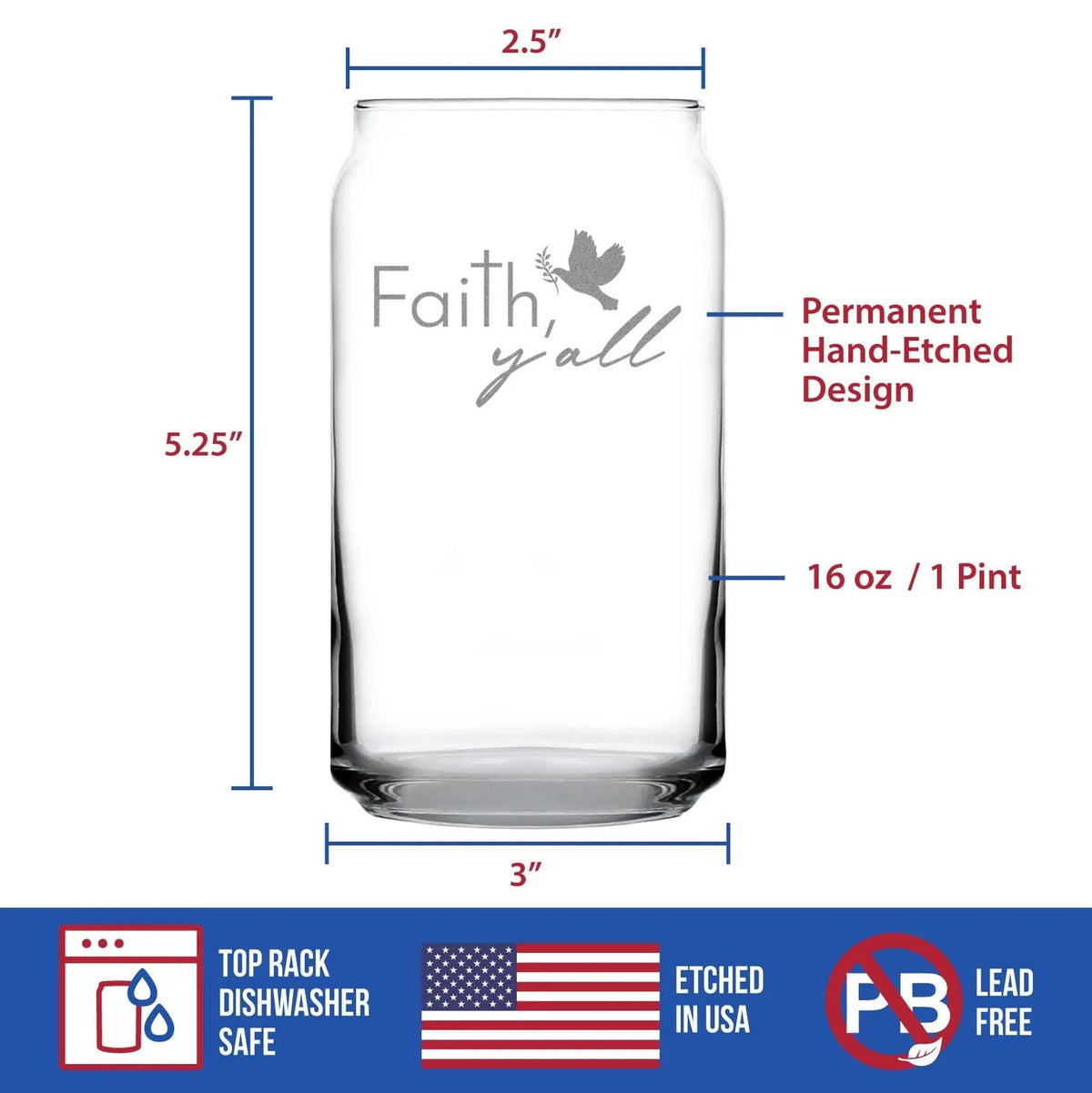 Etched Beer Can Pint Glass | 16 oz | Dishwasher Safe | Faith Y'all Engraved