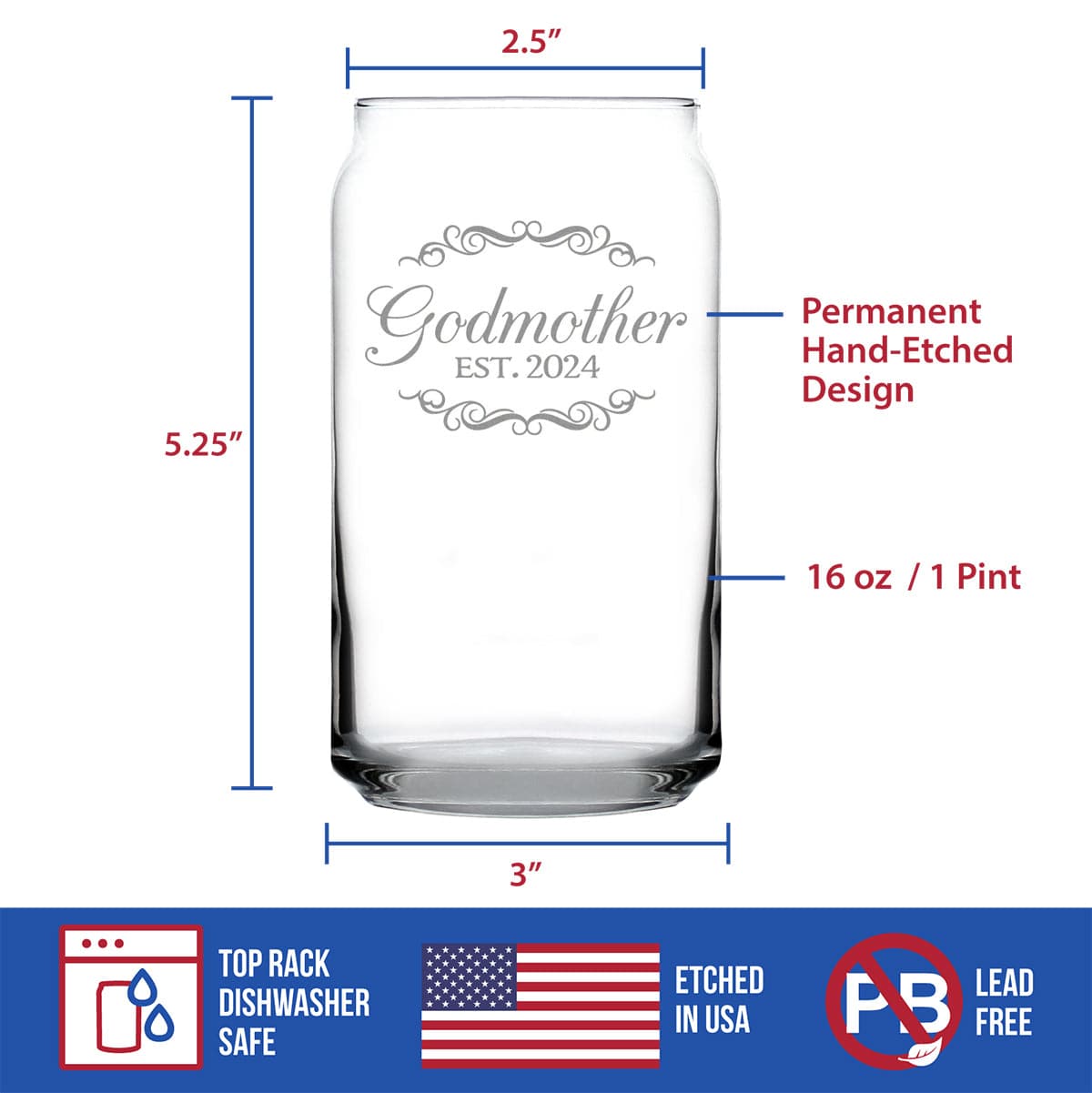 Etched Beer Can Pint Glass | 16 oz | Dishwasher Safe | Godmother Est 2024 - New Godmother (Style 2)