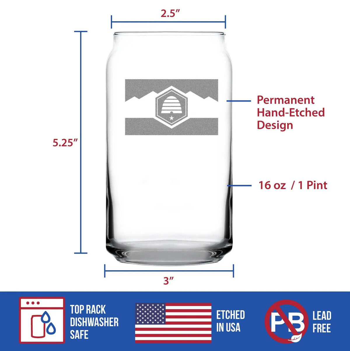 Utah Flag Beer Can Pint Glass | 16 Ounce | Hand Etched Design