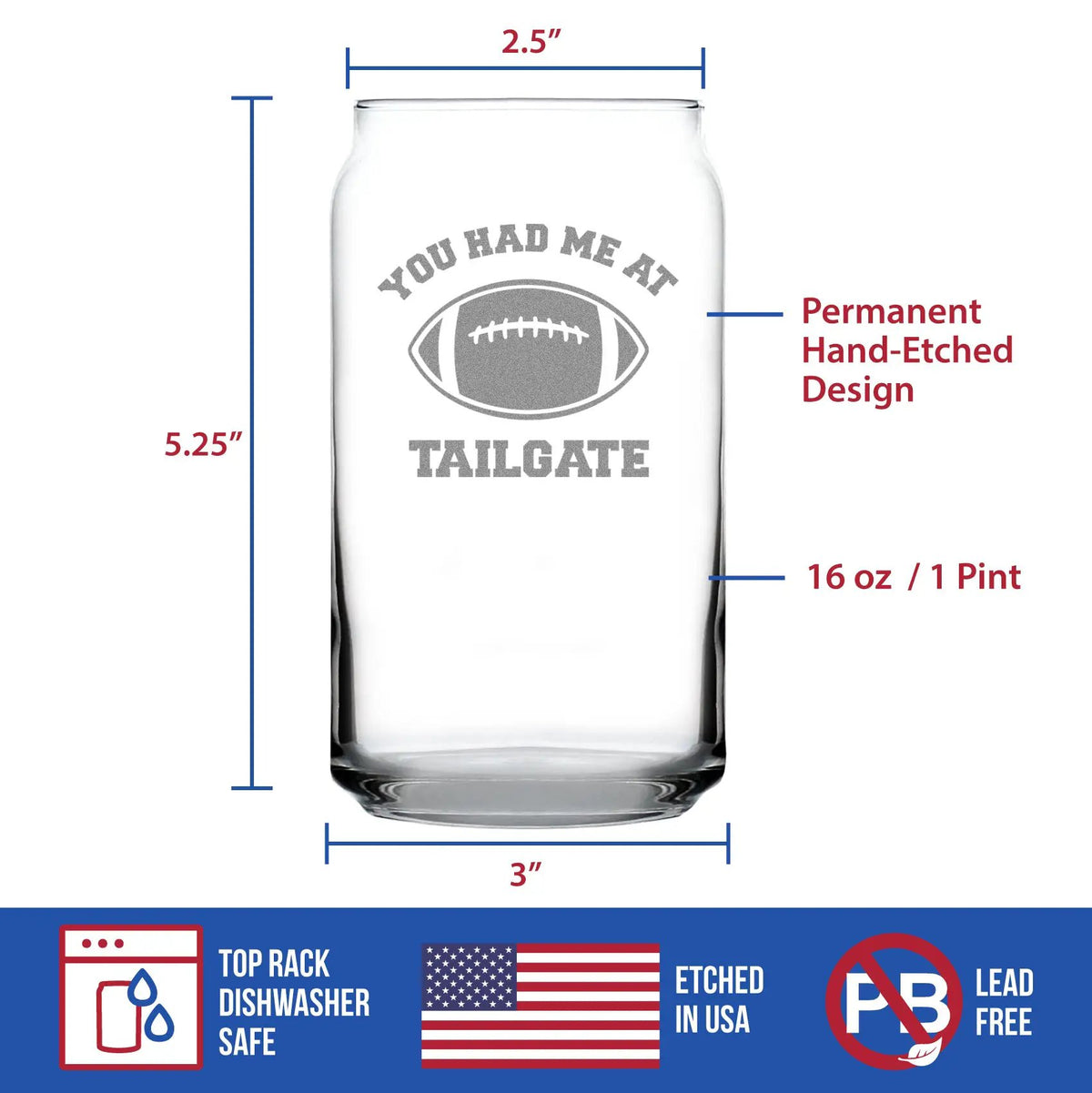Beer Can Pint Glass | Hand Etched | Football Theme | 16 Oz