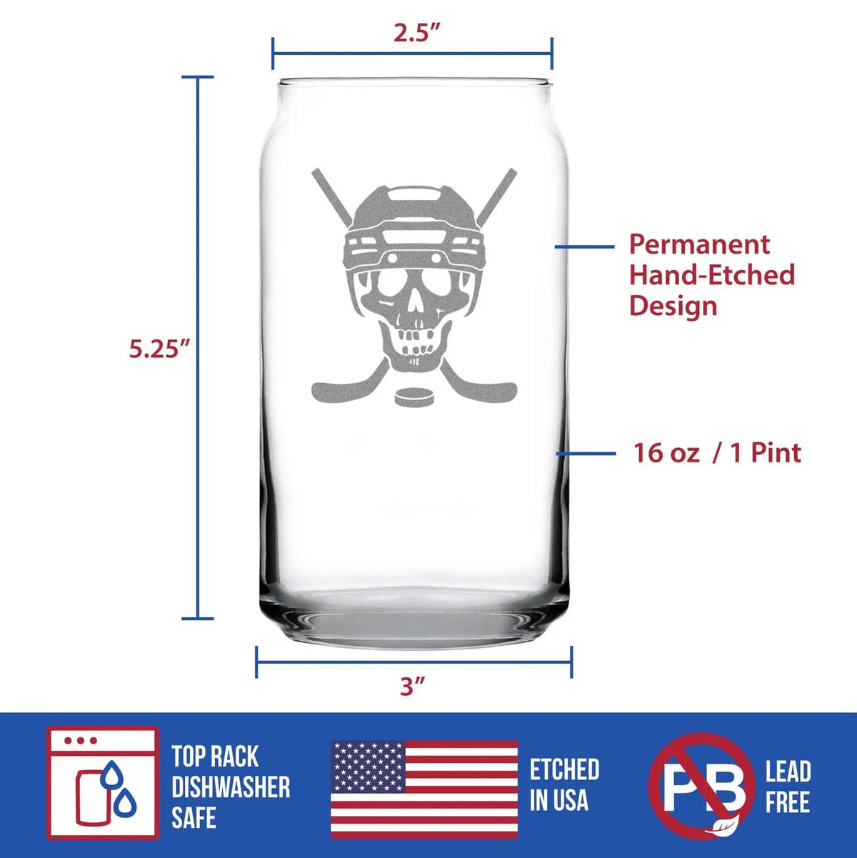 Etched Beer Can Pint Glass | 16 oz | Dishwasher Safe | Hockey Skull Engraved
