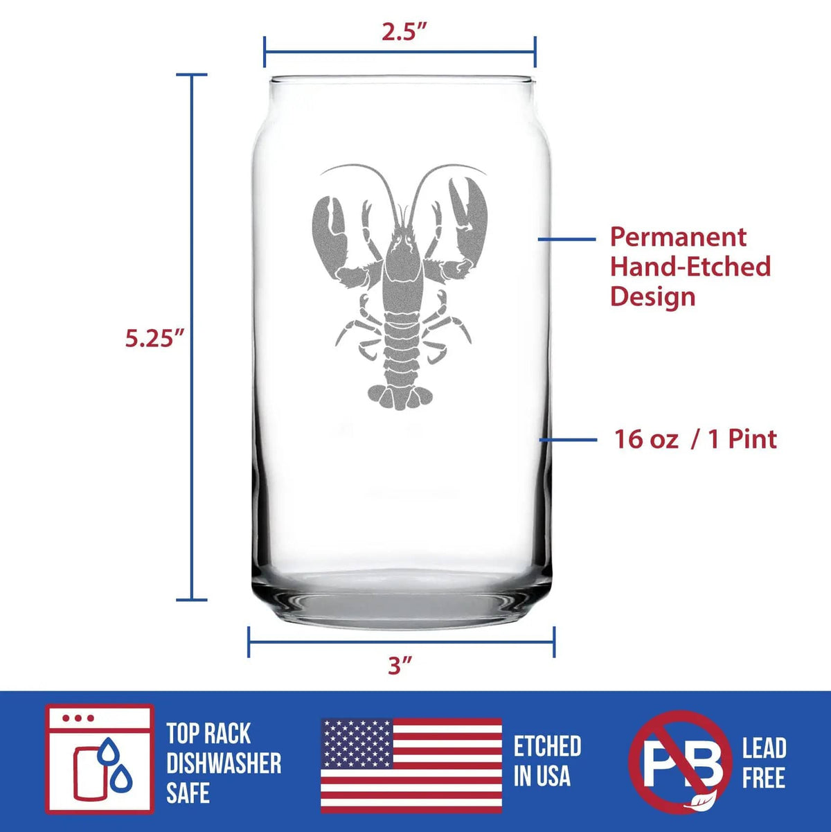 Etched Beer Can Pint Glass | 16 oz | Dishwasher Safe | Lobster Engraved