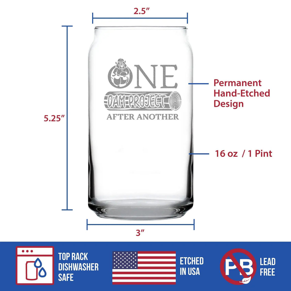 Beer Can Pint Glass | 16 Oz Hand Etched | Construction Theme | Dishwasher Safe