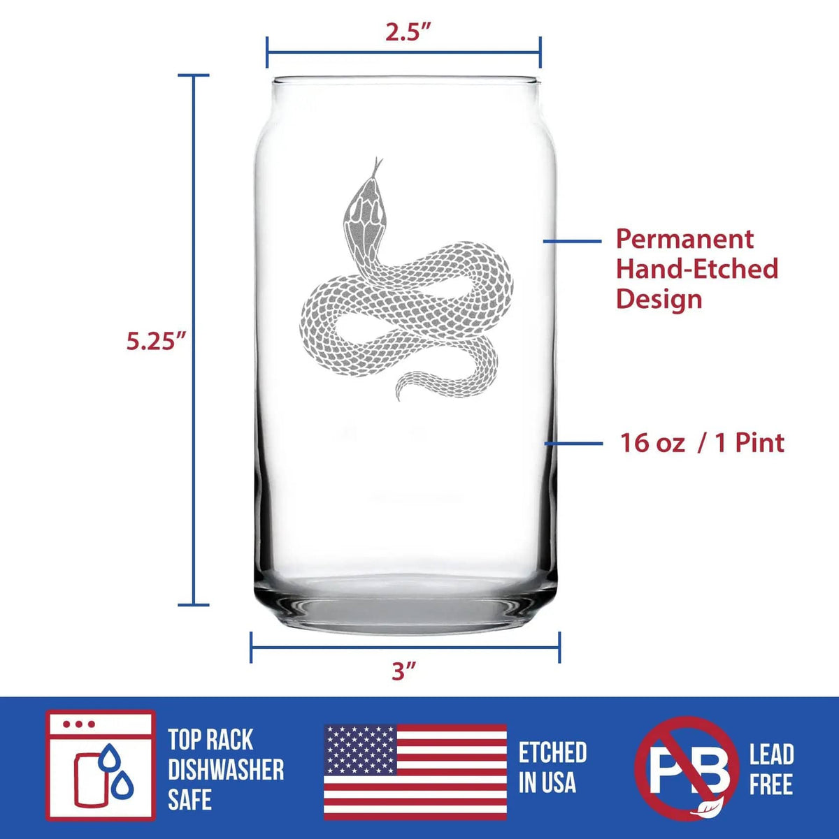 Etched Beer Can Pint Glass | 16 oz | Dishwasher Safe | Snake Engraved