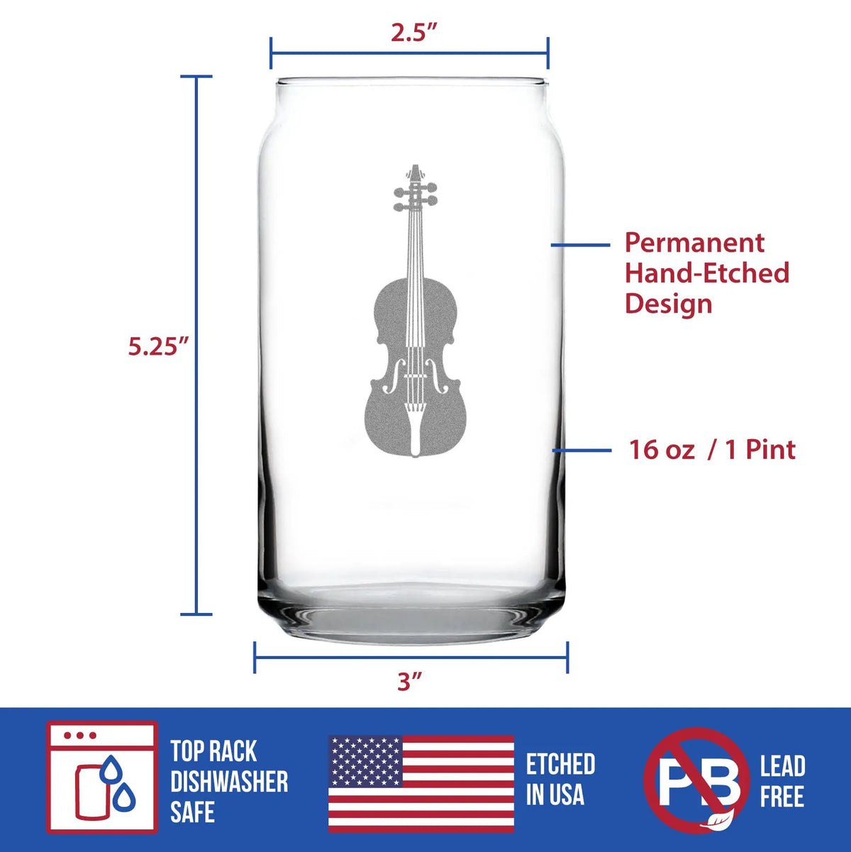 Pint Glass | Violin Etched Detail | Beer Can Style | 16 Oz Size