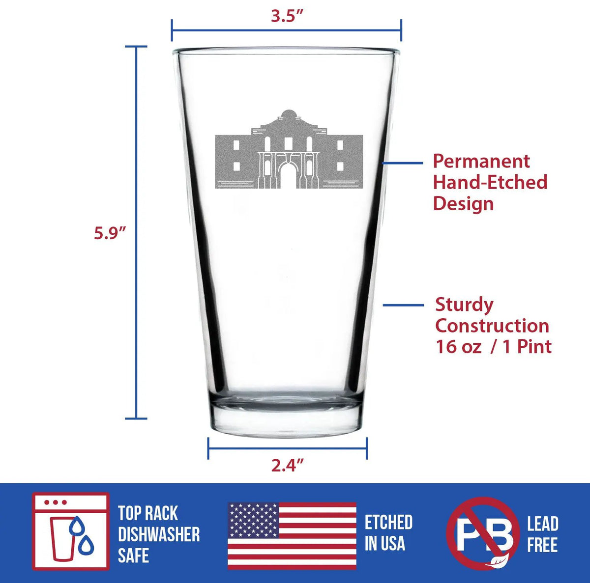 Beer Pint Glass | 16 Oz Size | Hand Etched Alamo Design