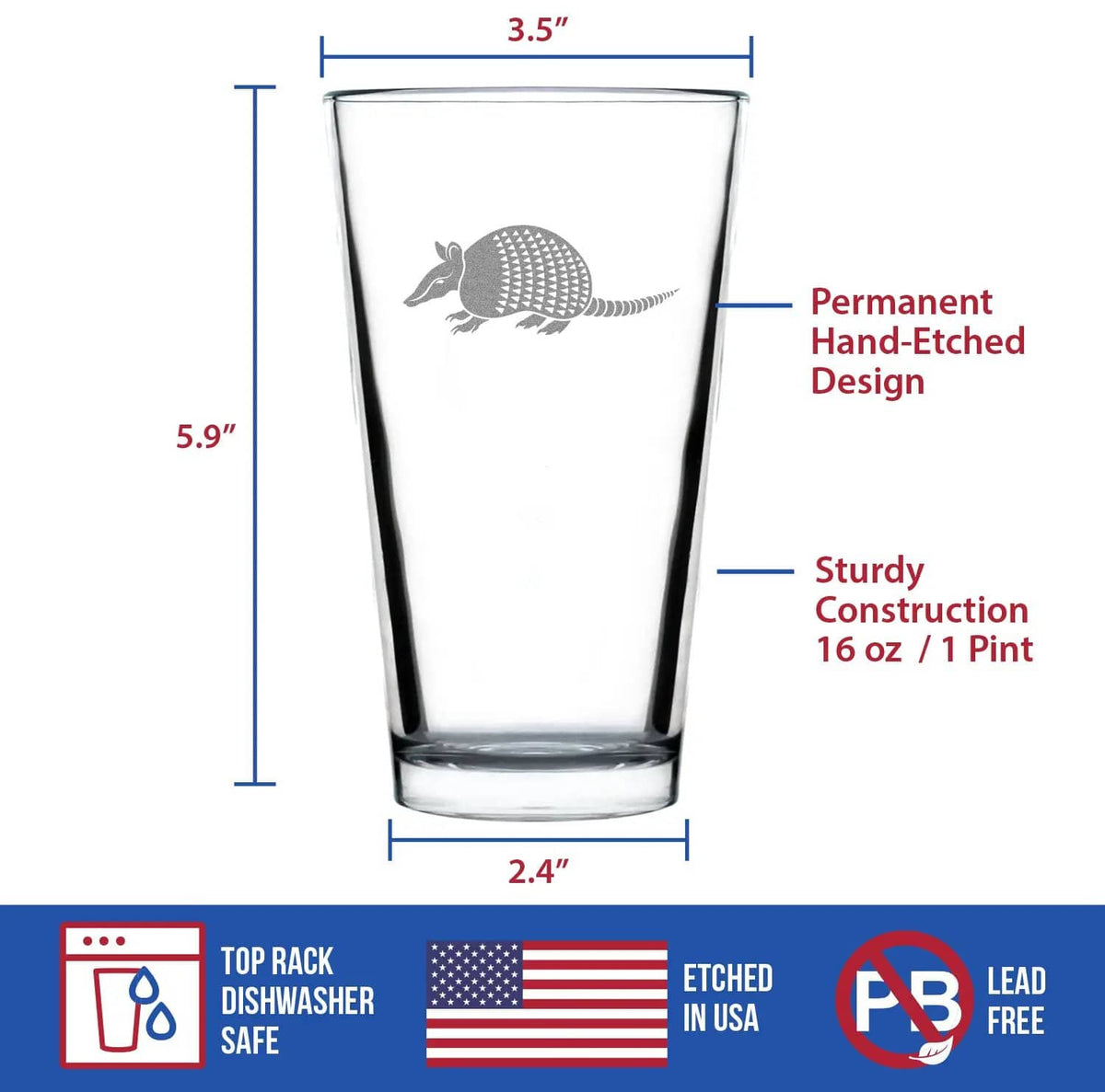 Etched Pint Glass | 16 oz Beer Glass | Dishwasher Safe | Armadillo Engraved