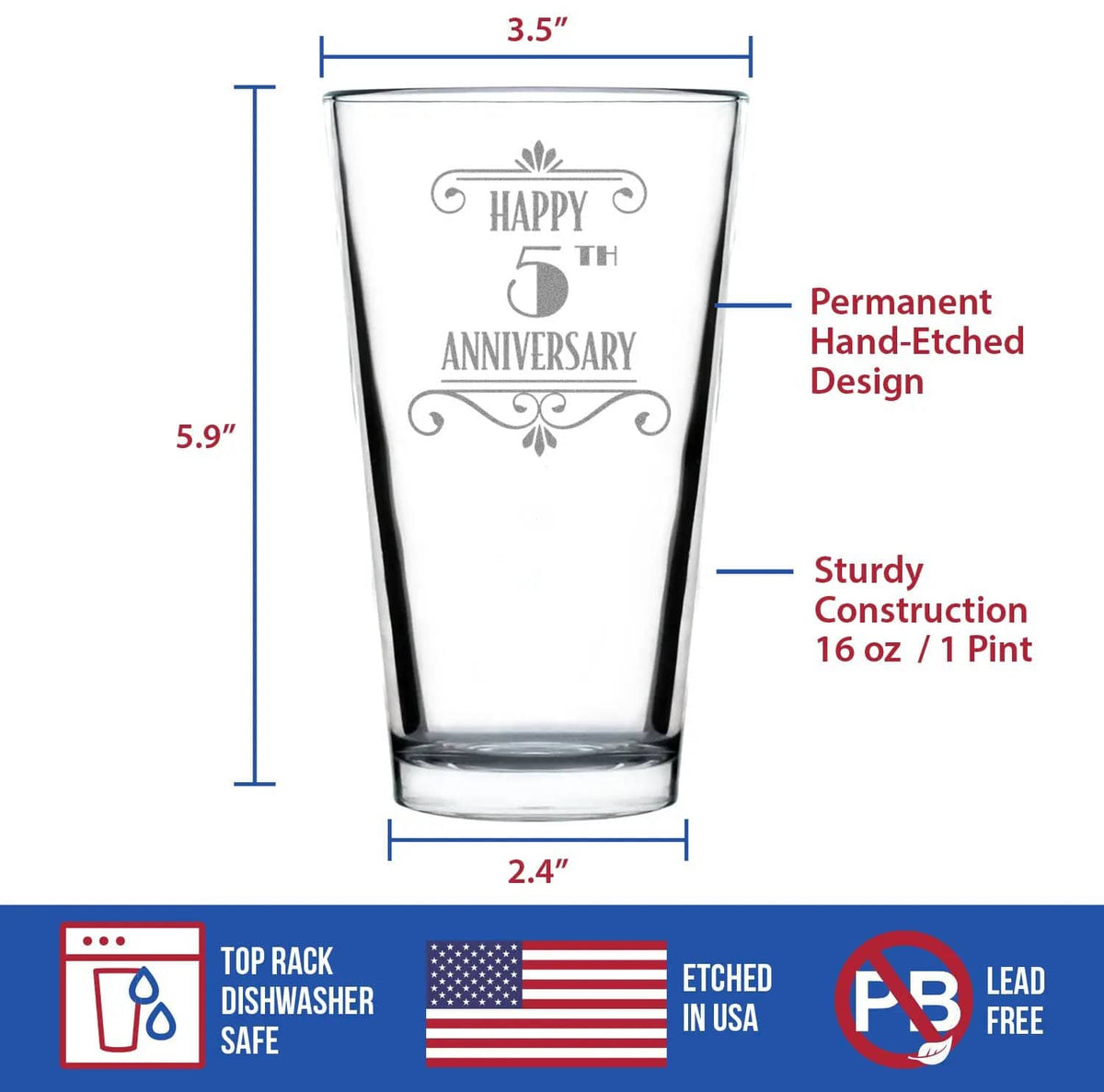 Etched Pint Glass | 16 oz Beer Glass | Dishwasher Safe | Happy 5th Anniversary Engraved