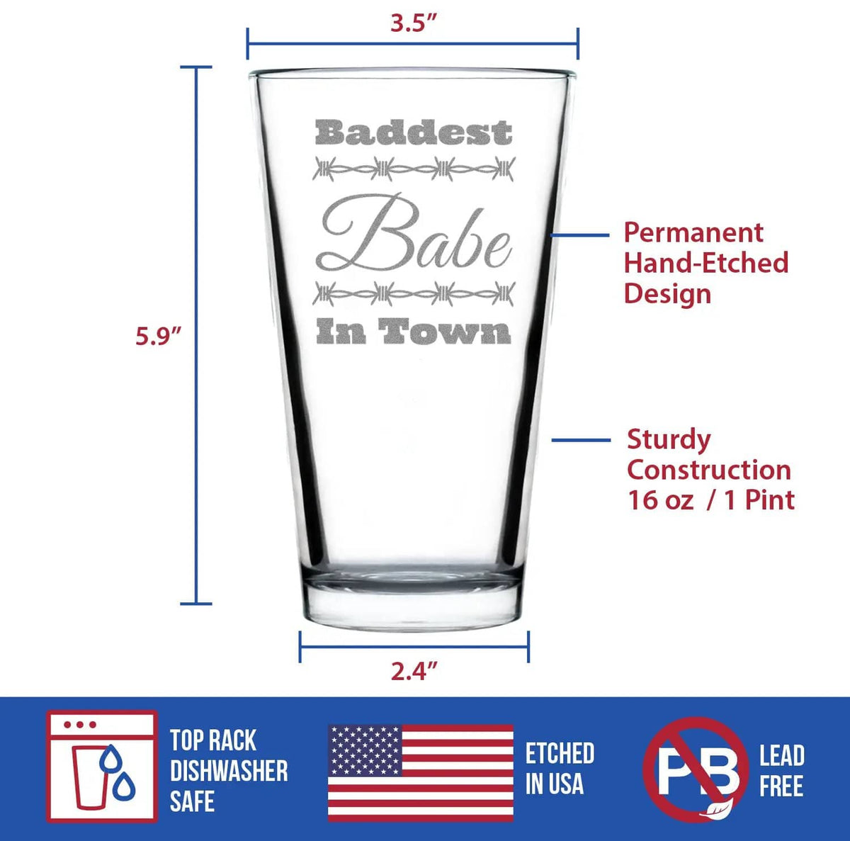 Etched Pint Glass | 16 oz Beer Glass | Dishwasher Safe | Baddest Babe in Town Engraved