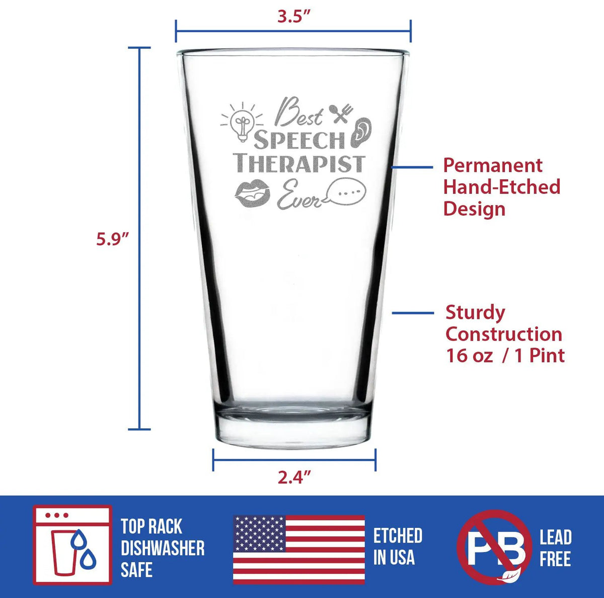 Speech Therapist Pint Glass | Hand Etched Finish | Dishwasher Safe | 16 Oz