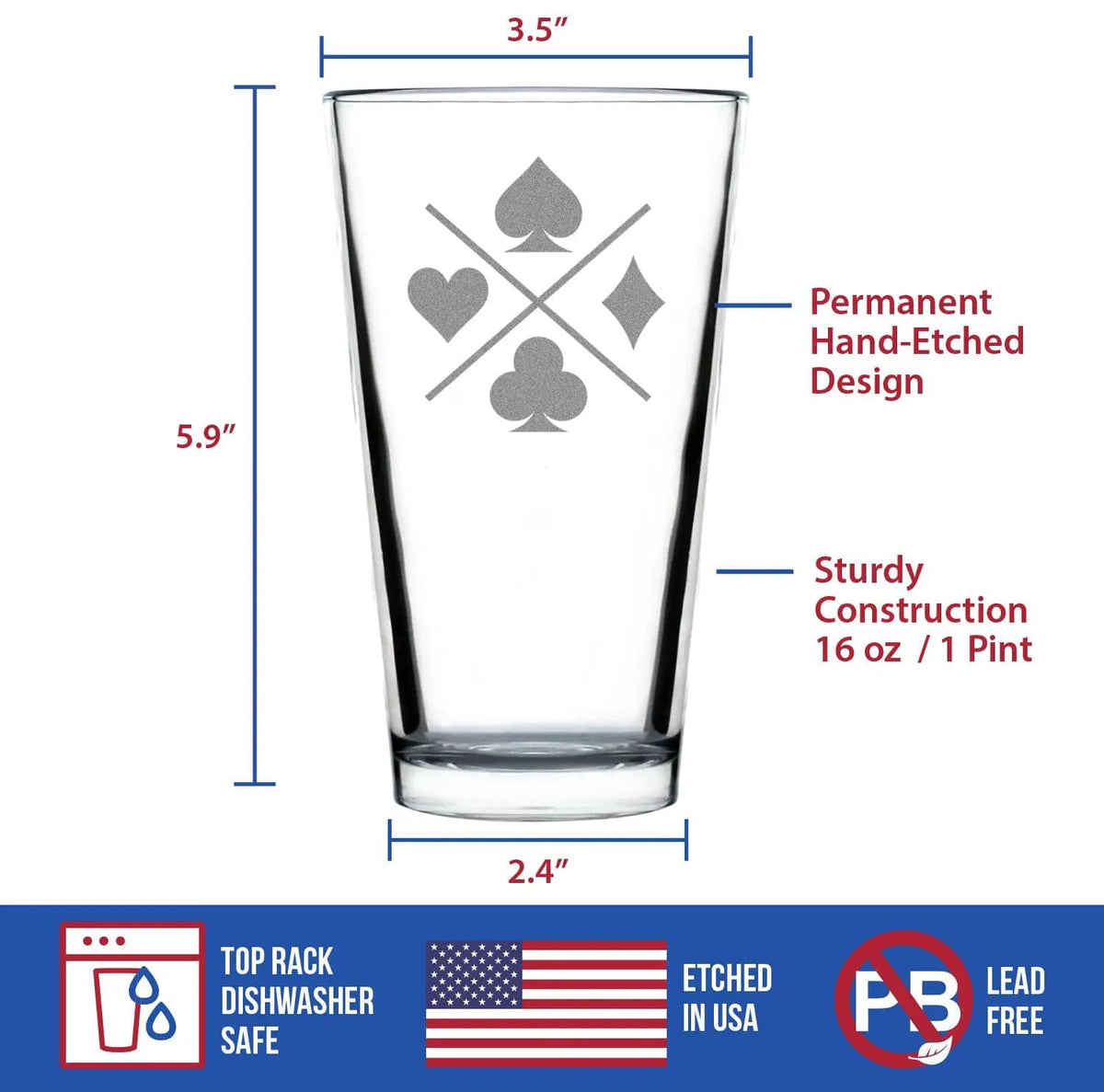 Etched Pint Glass | 16 oz Beer Glass | Dishwasher Safe | Card Suits Engraved