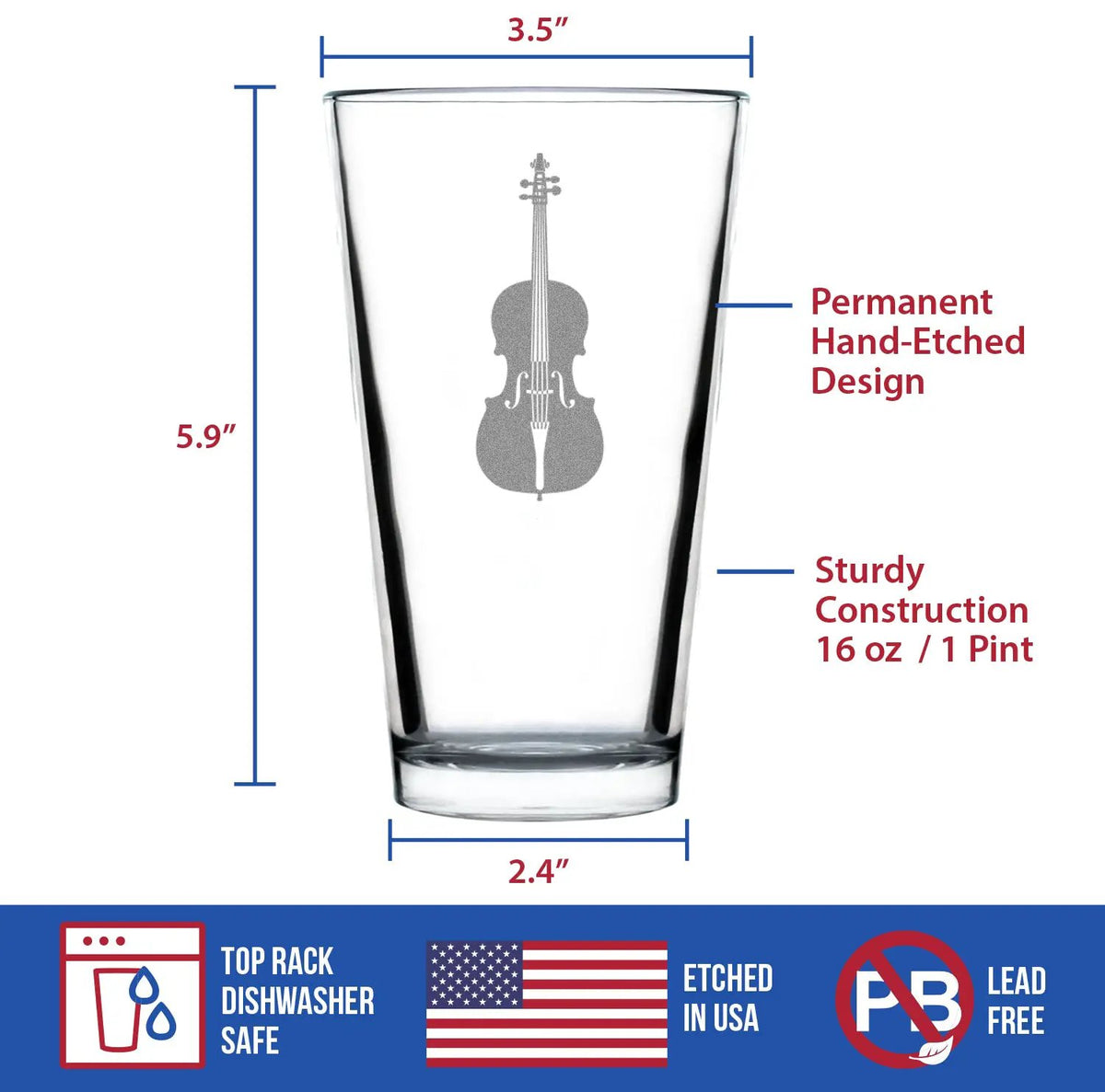 Pint Glass | 16 Oz Capacity | Hand Etched Detail | Cello Music