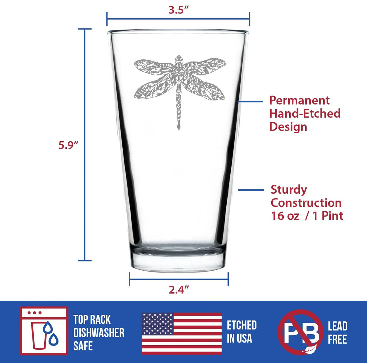 Beer Pint Glass | Hand Etched Dragonfly | Clear Glass | 16 Oz