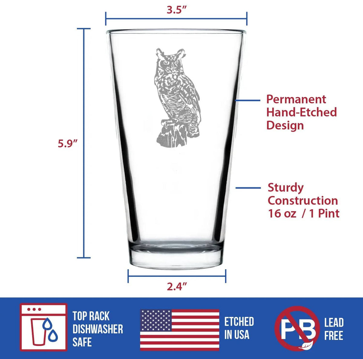 Etched Pint Glass | 16 oz Beer Glass | Dishwasher Safe | Great Horned Owl Engraved