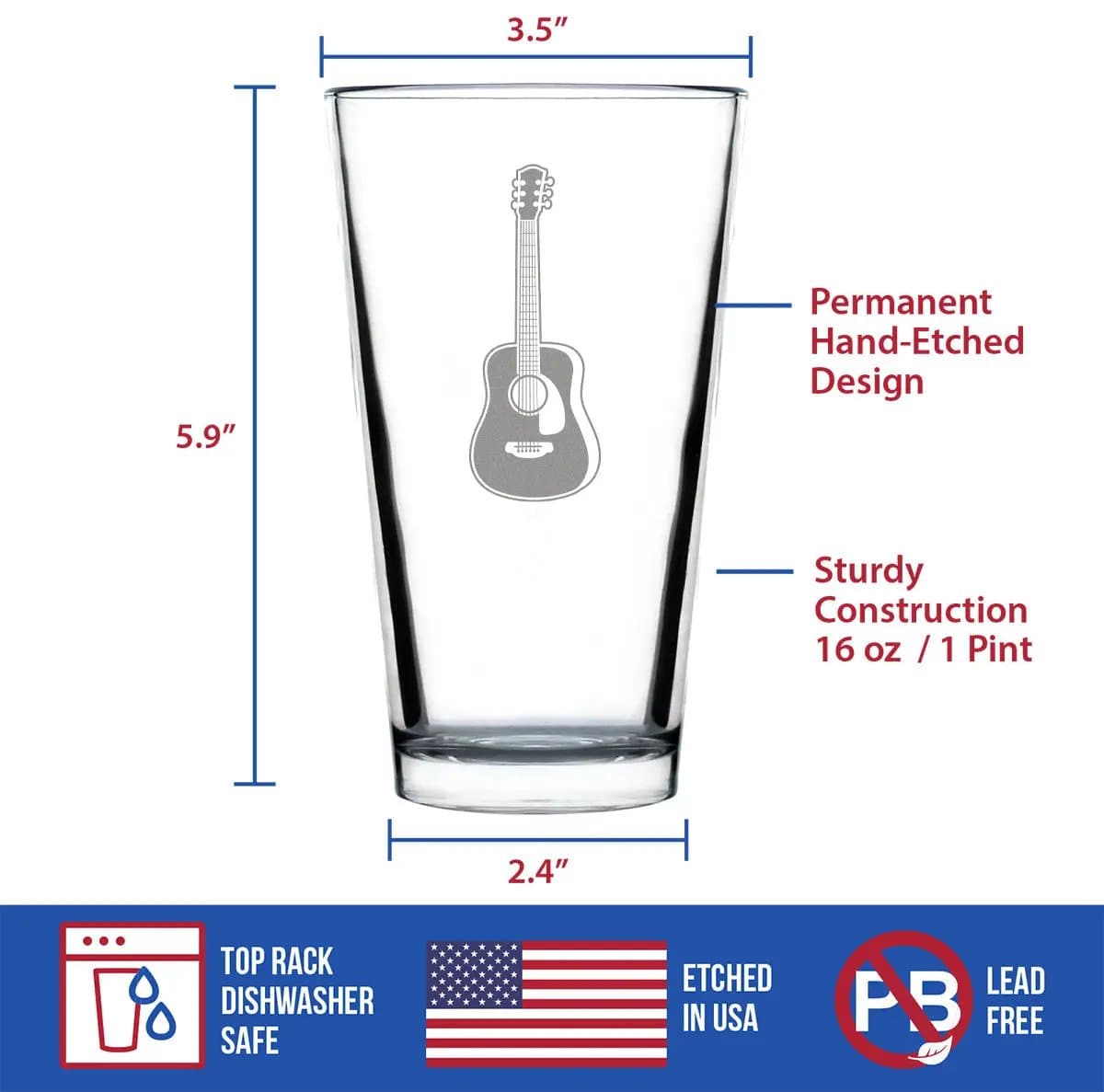 Etched Pint Glass | 16 oz Beer Glass | Dishwasher Safe | Acoustic Guitar
