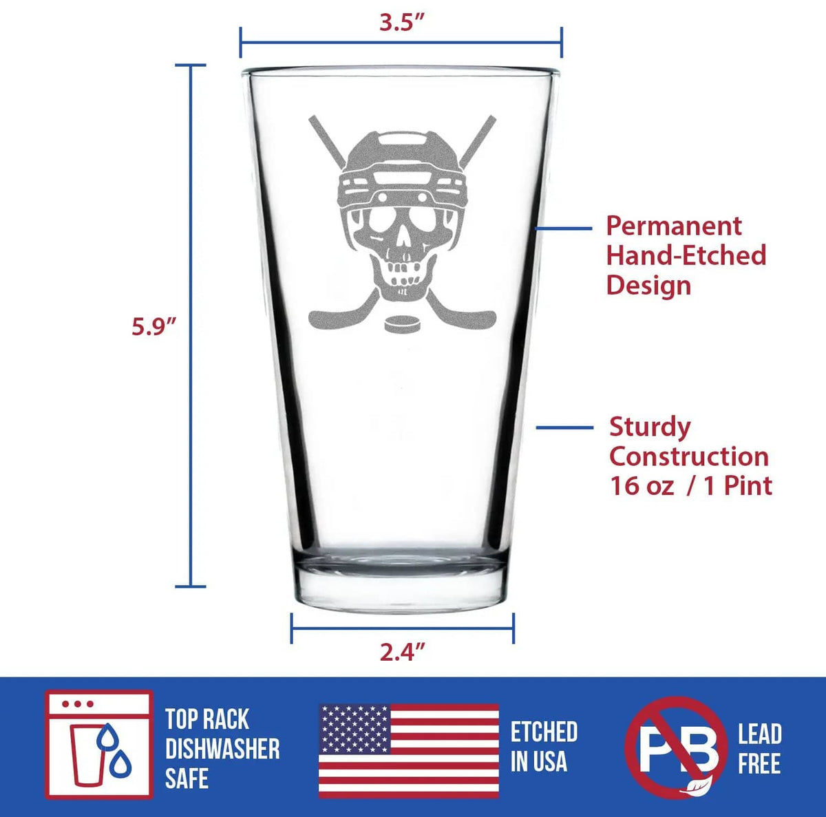 Etched Pint Glass | 16 oz Beer Glass | Dishwasher Safe | Hockey Skull Engraved