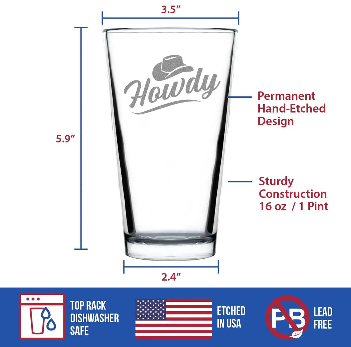 Etched Pint Glass | 16 oz Beer Glass | Dishwasher Safe | Howdy Engraved