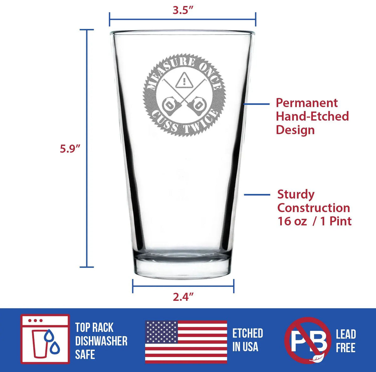 Pint Glass | 16 Oz Capacity | Hand Etched Text | Dishwasher Safe