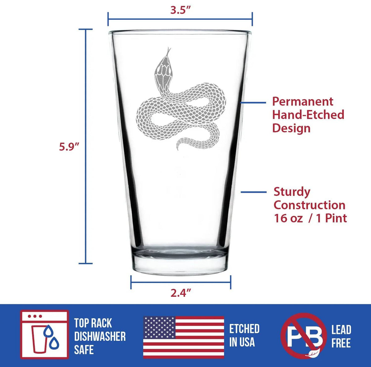 Etched Pint Glass | 16 oz Beer Glass | Dishwasher Safe | Snake Engraved