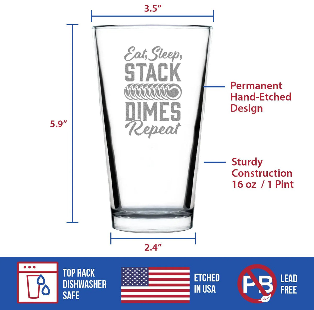 Beer Pint Glass | 16 Oz Hand Etched Finish | Welder Dime Etching | Single Size