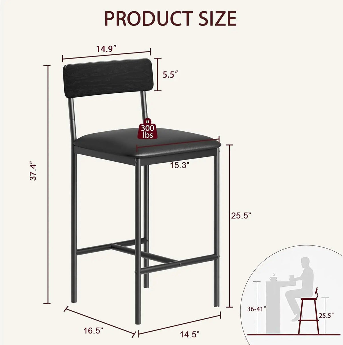 Bar Stools Four Pack With Back 25.5 Inch Rustic Black from PriceLows™