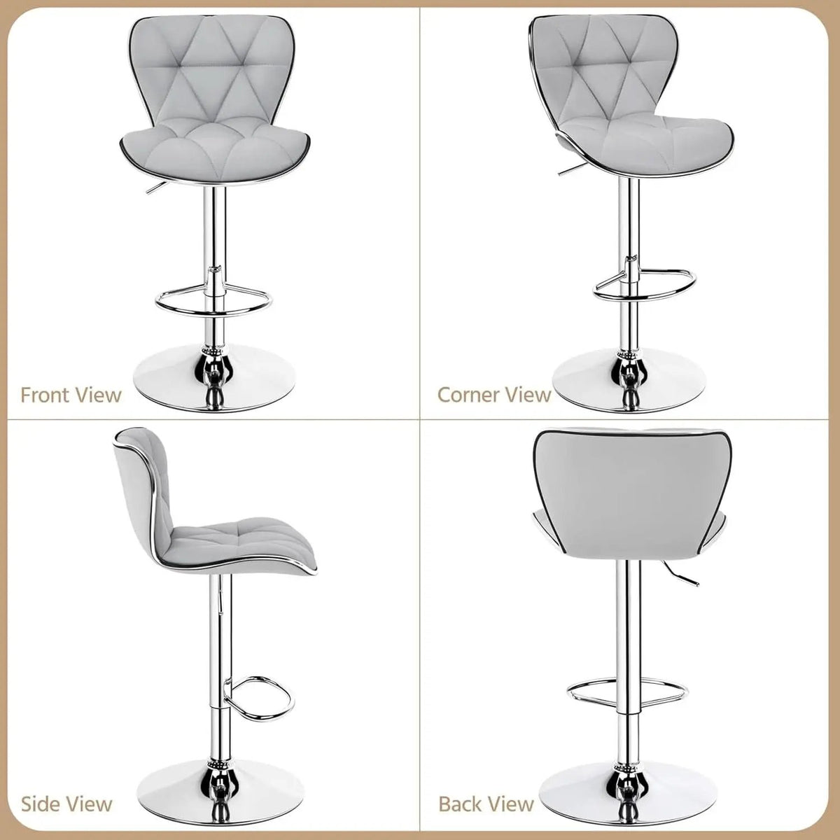 Bar Stools Set Of 2 Adjustable Swivel PU Leather Light Grey from PriceLows™
