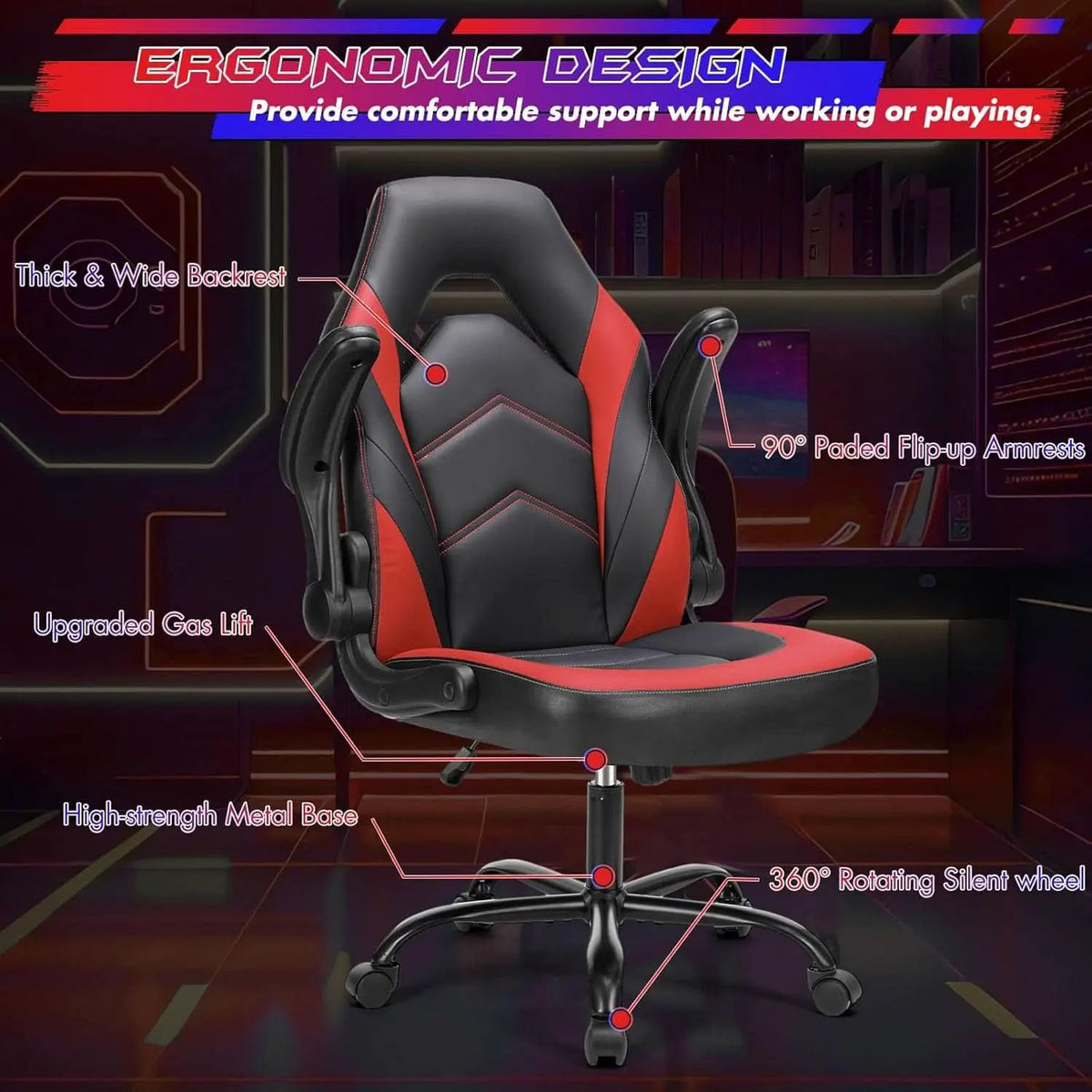 Black Red Leather Gaming Chair With Flip Up Armrests from PriceLows™
