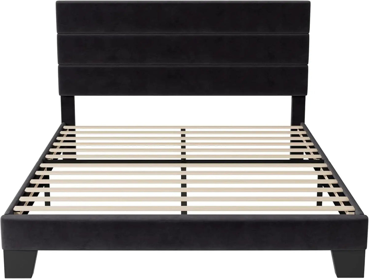 Black Velvet Queen Platform Bed Easy Assembly No Box Spring from PriceLows™